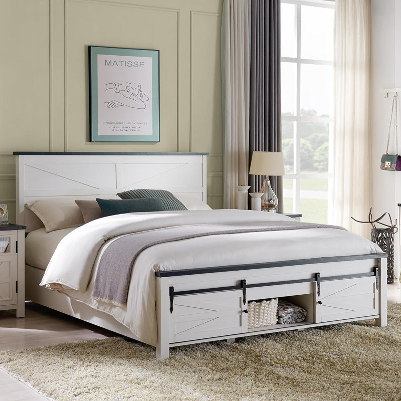 Gracie Oaks Argana Farmhouse Wood Bed Frame with Sliding Barn Door